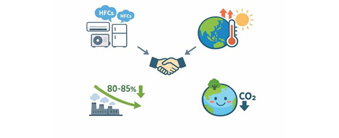 HFC冷媒の使用を国際的に削減し、地球温暖化対策とCO2排出削減を進めるキガリ改正のイメージ図