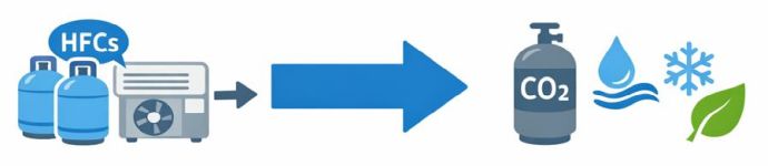 HFC冷媒からCO2などの自然冷媒への転換を示すイメージ図