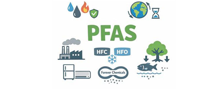PFASの性質と環境中に長く残留する特徴を示すイメージ図