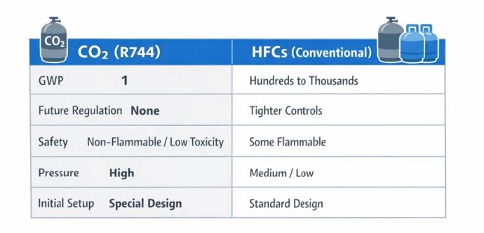 CO2と他冷媒(HFC)との比較表